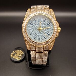 Luxury Gold Tone Women's Date Crystal Watch Light Tiffany Blue Dial Iced Out NEW